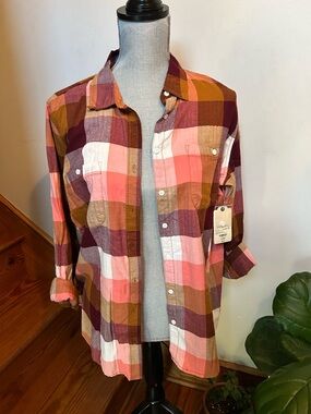 NWT Plaid Button-Up Shirt in Coral, Maroon & Mustard